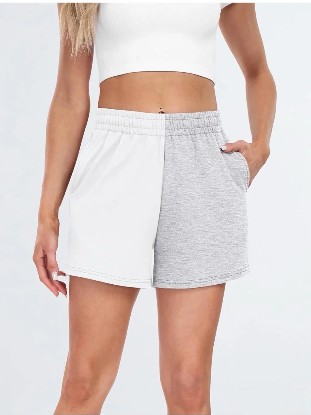 Two-Tone White and Light Gray Women's Drawstring Shorts